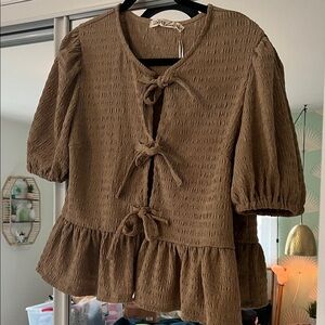 Liberty Love Brown Textured Tie-Front Peplum Blouse